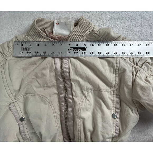 By Anthropologie Womens Ruched Lace-Trim Bomber Jacket Size XS Beige Cropped - Picture 6 of 9